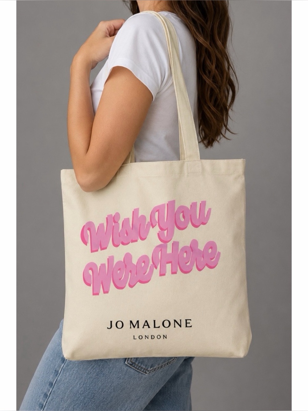 JO MALONE • Cream/Pink “Wish You Were Here” Canvas Tote Bag, OS